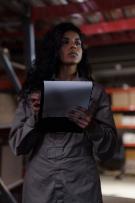 A focused female worker with a clipboard standing in a dimly lit warehouse.